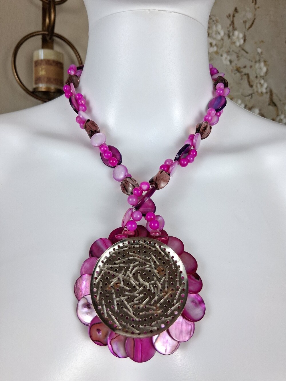 Women's Pink Floral Statement Necklace - Women Jewelry Beaded Necklaces - Picture 15 of 16